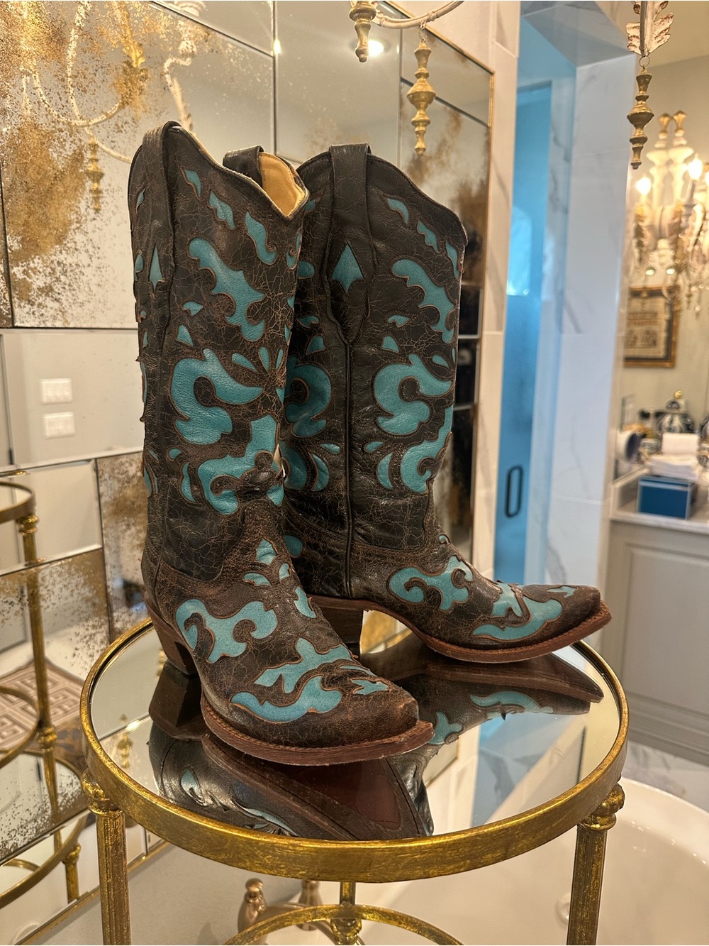 Corral Brown Leather Western Boots with Turquoise Inlay